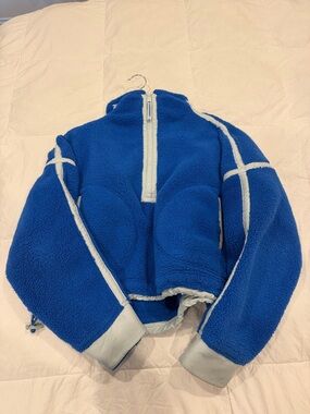 Free People Blue Sherpa Puffer Jacket with Cream Trim
